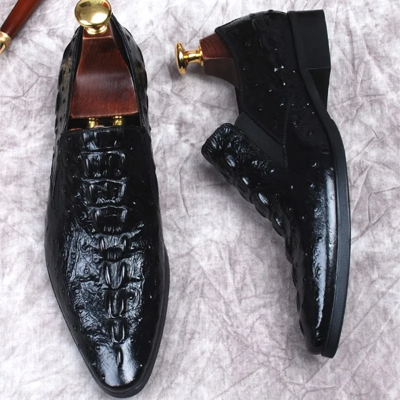 Ръчно изработени обувки от естествена телешка кожа, мъжки официални сватбени модела обувки с шарките на крокодилска кожа, лоферы, оксфордские обувки с остър пръсти - 0