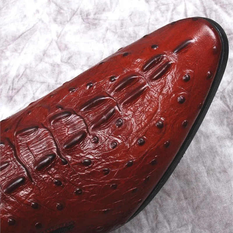 Ръчно изработени обувки от естествена телешка кожа, мъжки официални сватбени модела обувки с шарките на крокодилска кожа, лоферы, оксфордские обувки с остър пръсти - 3
