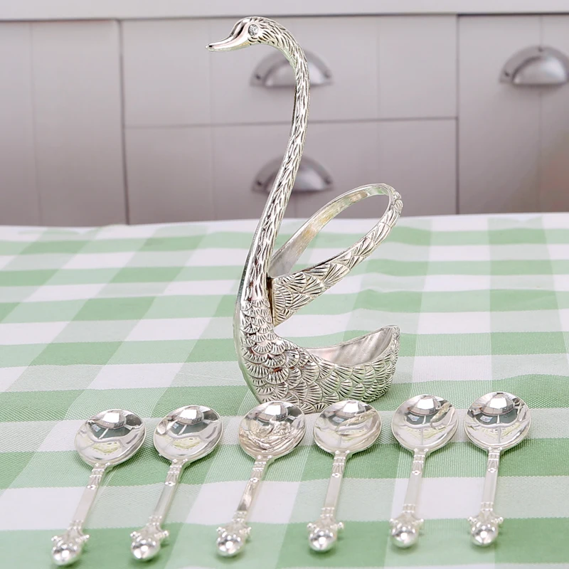 Лека луксозна стойка от сребърни пера лебед набор от съдове и домакински чаена лъжичка десерт посуда кухненски принадлежности украса - 1