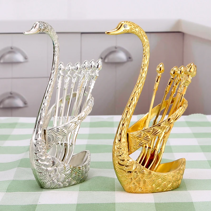 Лека луксозна стойка от сребърни пера лебед набор от съдове и домакински чаена лъжичка десерт посуда кухненски принадлежности украса - 3