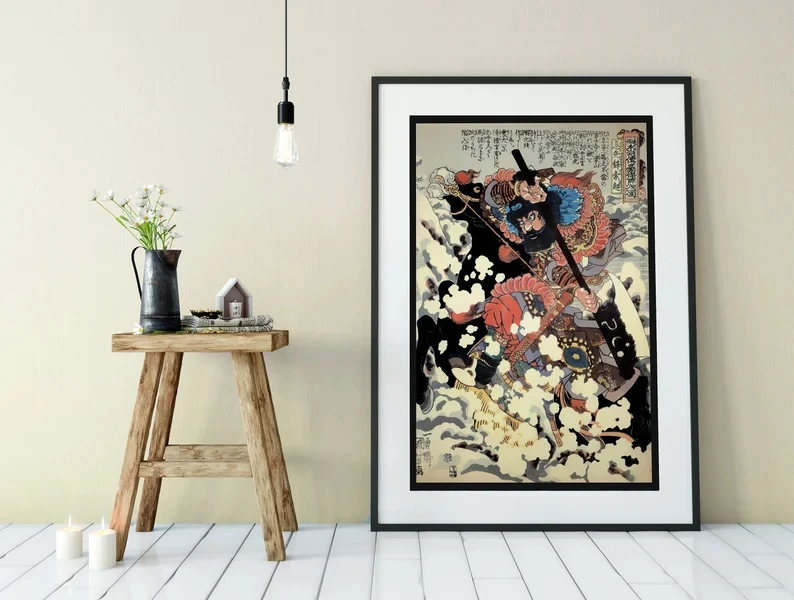 Японски Принт Укие-ъ Самурайски Бойна Девятихвостый Лисица Демон Плакат Платно Стенно Изкуство За Всекидневна Декор Спални - 2
