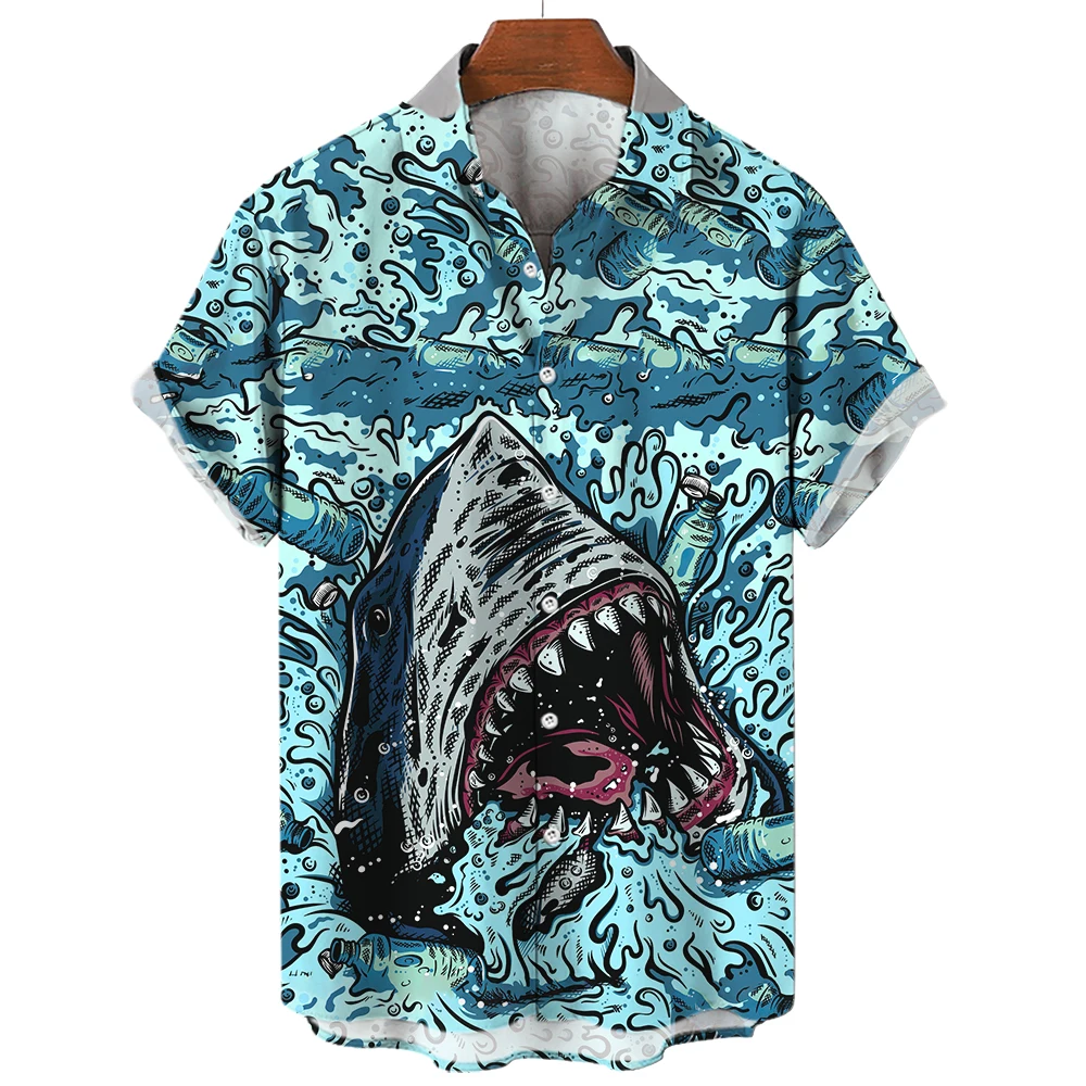 Нова лятна мъжка риза, модни тениски с принтом Акули, забавна тениска, градинска ежедневни дрехи с къс ръкав, Плажна курортна облекло Оверсайз - 4