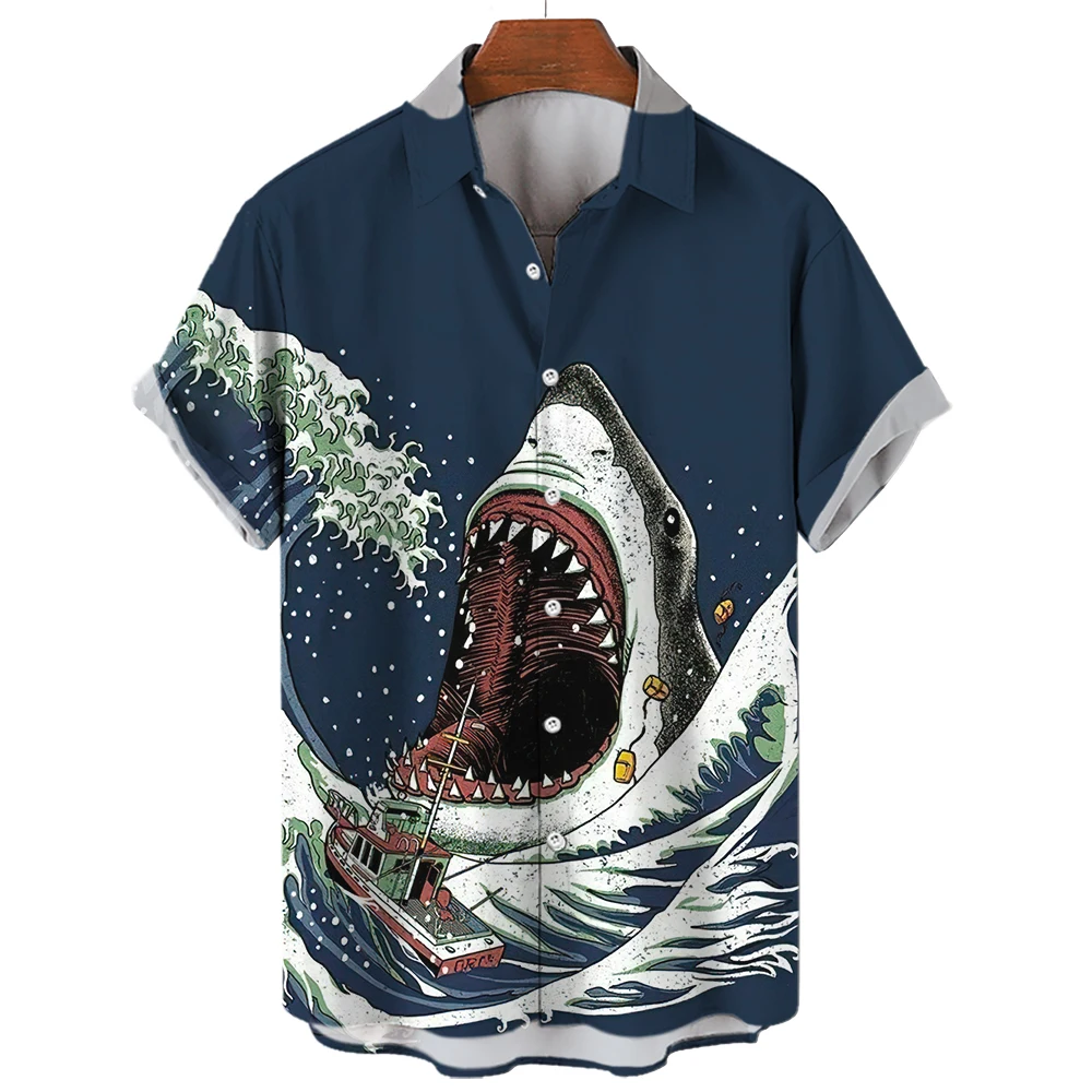 Нова лятна мъжка риза, модни тениски с принтом Акули, забавна тениска, градинска ежедневни дрехи с къс ръкав, Плажна курортна облекло Оверсайз - 5