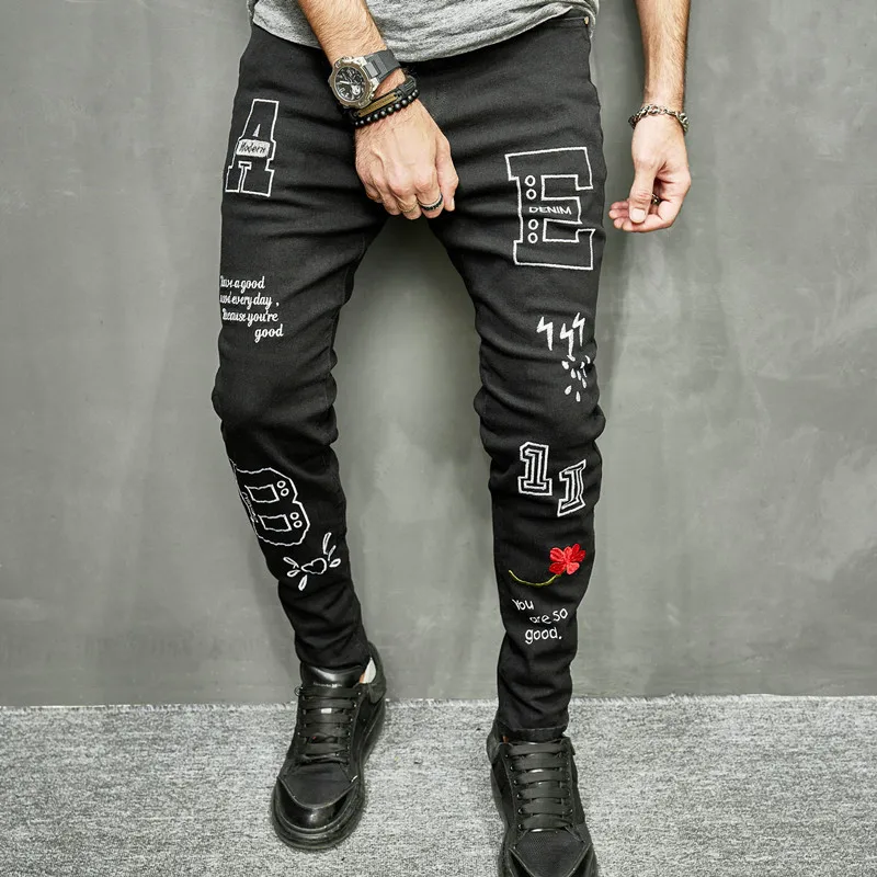 2023 Нови мъжки дънки с надпис Black Slim Feet Stretch Trend Градинска дрехи, Мъжка мода Скъсани дънки големи размери - 0