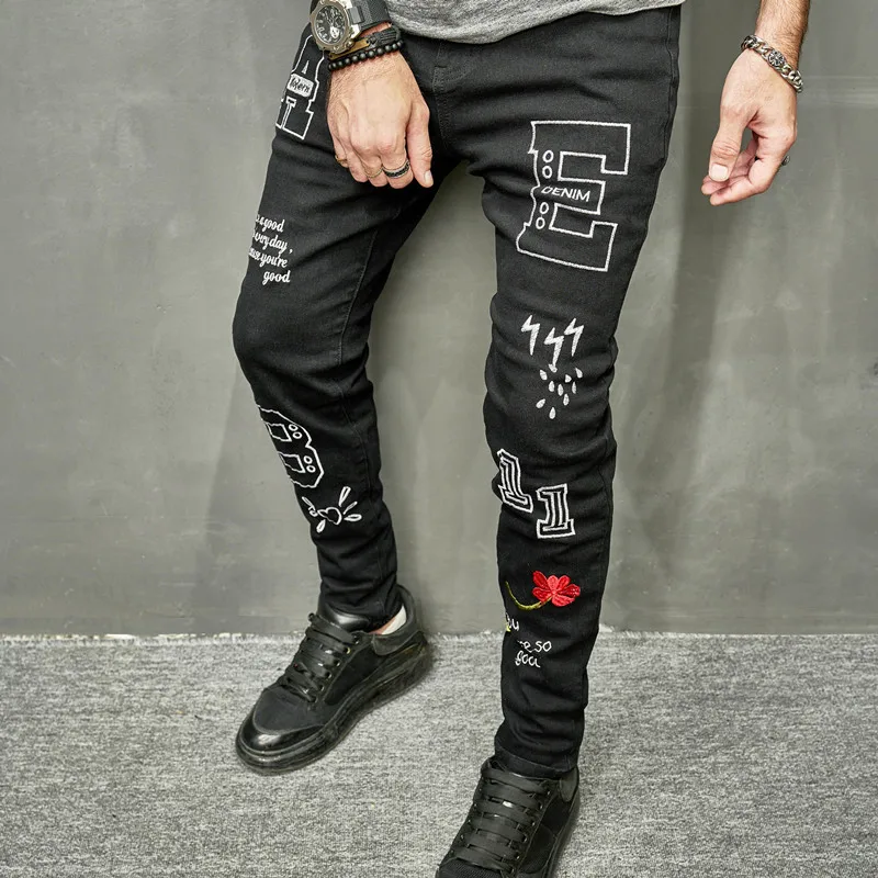 2023 Нови мъжки дънки с надпис Black Slim Feet Stretch Trend Градинска дрехи, Мъжка мода Скъсани дънки големи размери - 1