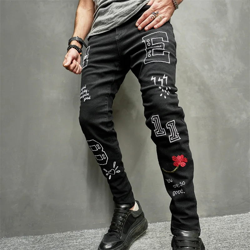 2023 Нови мъжки дънки с надпис Black Slim Feet Stretch Trend Градинска дрехи, Мъжка мода Скъсани дънки големи размери - 2