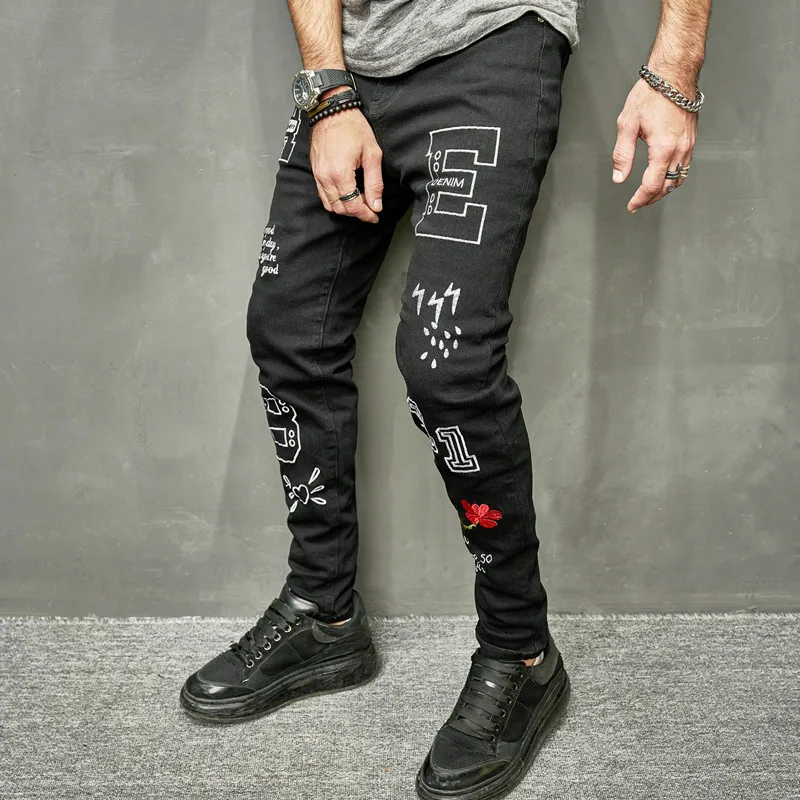 2023 Нови мъжки дънки с надпис Black Slim Feet Stretch Trend Градинска дрехи, Мъжка мода Скъсани дънки големи размери - 3