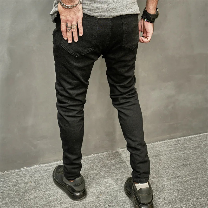 2023 Нови мъжки дънки с надпис Black Slim Feet Stretch Trend Градинска дрехи, Мъжка мода Скъсани дънки големи размери - 4