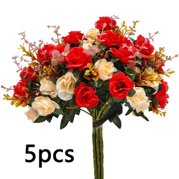 5шт Сватбена роза изкуствени цветя от коприна букет на булката Сватбена всекидневна домашна настолна ваза Аксесоари за декорация на фалшив цвете