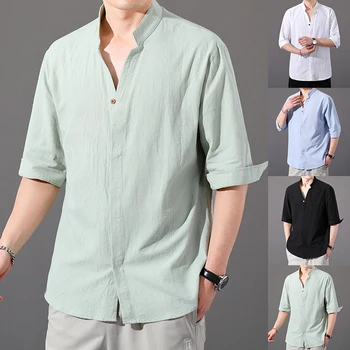 Гореща Разпродажба на Мъжки Тениски С Къс Ръкав, Памучни Ленено Летните Едноцветни Блузи С отложным яка, Быстросохнущих Ежедневните Плажни Ризи В Стил Плюс Размер