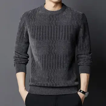 Жаккардовый дизайнерски пуловер, мъжки дебел вязаный пуловер с кръгло деколте за есен-зима, обикновен пуловер с дълъг ръкав и по-голям размер