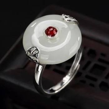 Нова безопасна обтегач от естествен хотанского нефрит със сребърна инкрустация, ретро-женски свежо и романтично пръстен с нишов дизайн, отворен регулируем пръстен