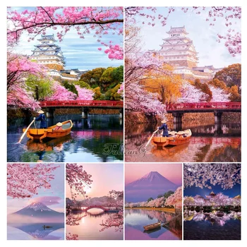 Черешово дърво, пейзаж на езерото, диамантена живопис, Ново записване, Фуджи, Япония, Мозайка бродерия, комплекти за бродерия на кръстат бод с ръцете си